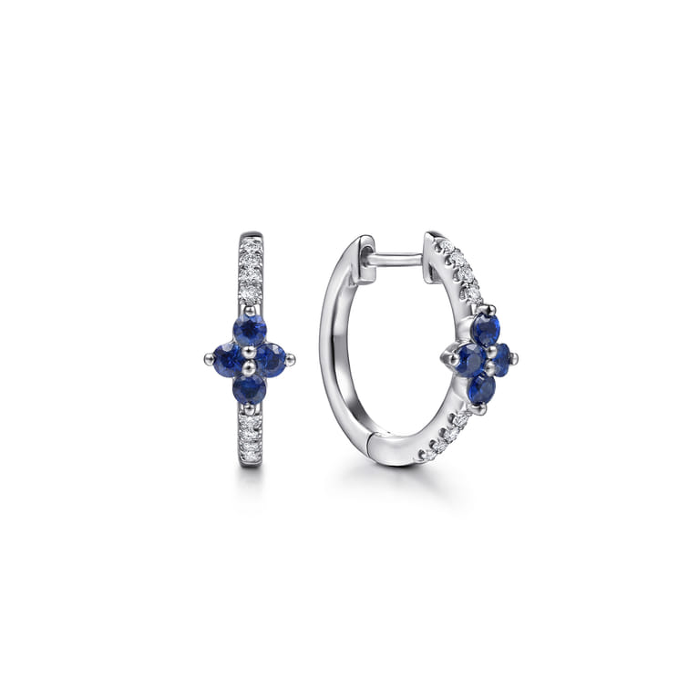 14K White Gold Diamond and Blue Sapphire Clover Huggie Earrings - 0.09 ct - Shot 1