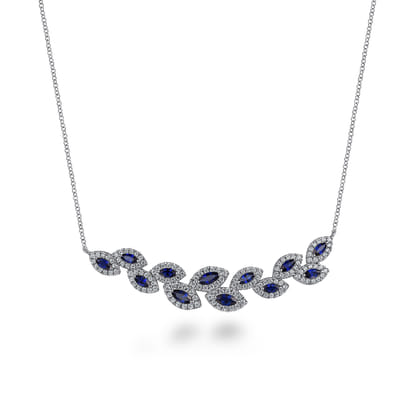 14K White Gold Diamond and Blue Sapphire Floral Bar Necklace