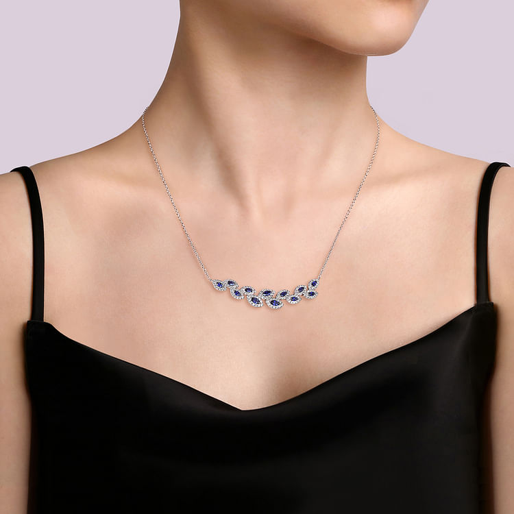 14K White Gold Diamond and Blue Sapphire Floral Bar Necklace