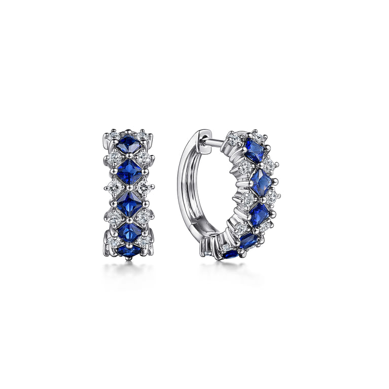 14K White Gold Diamond and Blue Sapphire Huggie Earrings - 0.5 ct - Shot 1