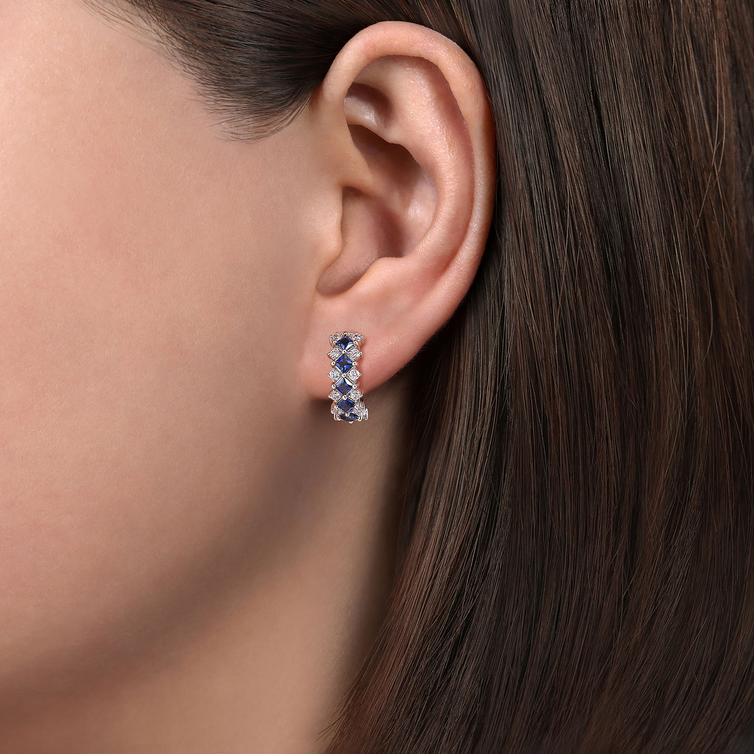 14K White Gold Diamond and Blue Sapphire Huggie Earrings - 0.5 ct - Shot 2
