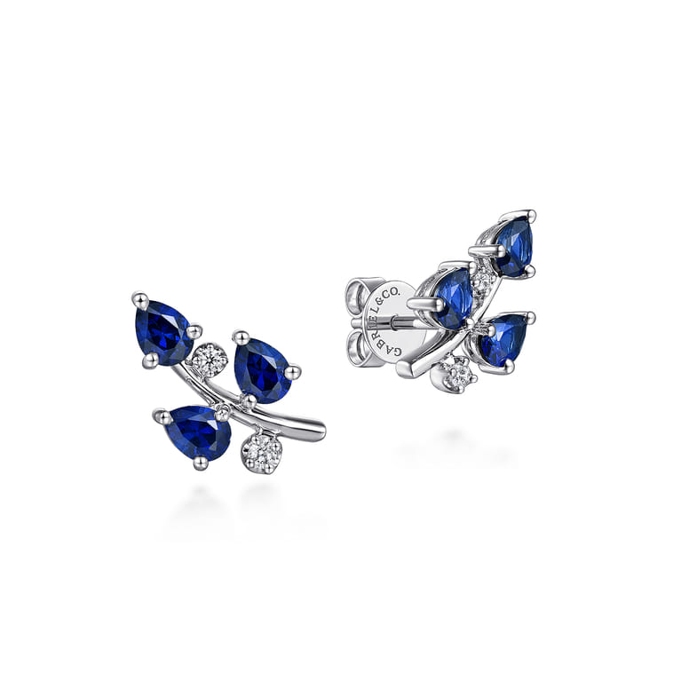 14K White Gold Diamond and Blue Sapphire Olive Branch Climber Earrings - 0.06 ct - Shot 1
