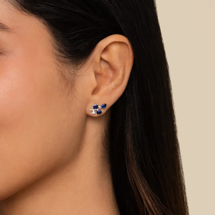 14K White Gold Diamond and Blue Sapphire Olive Branch Climber Earrings