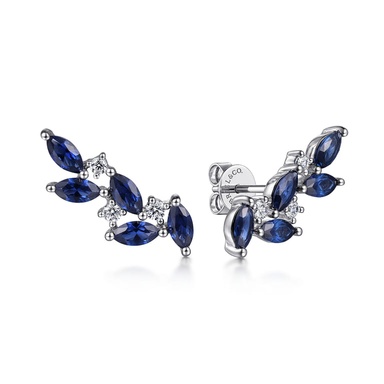 14K White Gold Diamond and Blue Sapphire Olive Branch Climber Earrings - 0.18 ct - Shot 1