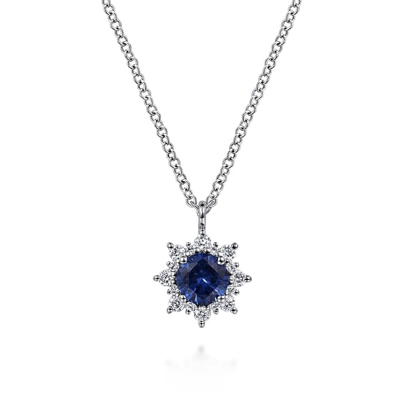 14K White Gold Diamond and Blue Sapphire Pendant Necklace