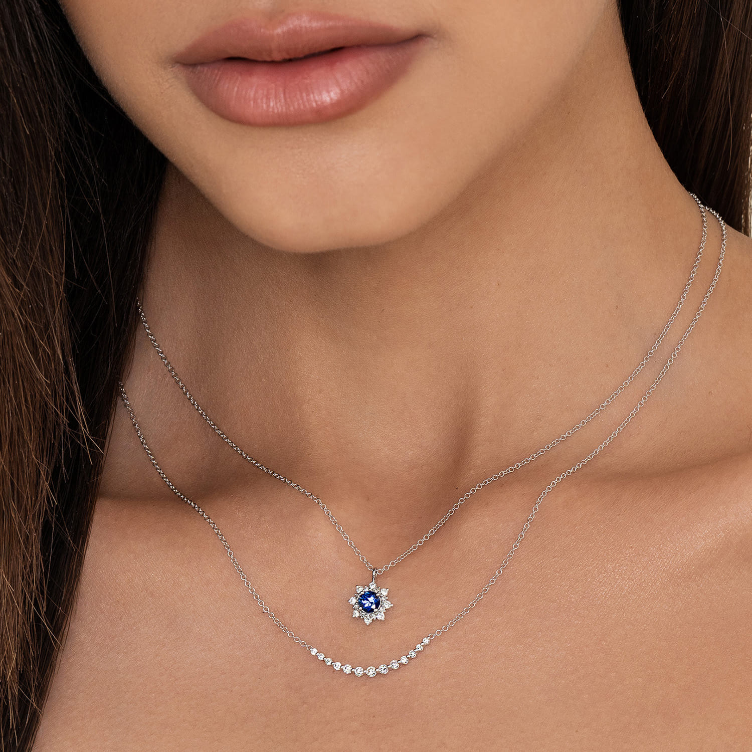 14K White Gold Diamond and Blue Sapphire Pendant Necklace - 0.18 ct - Shot 4