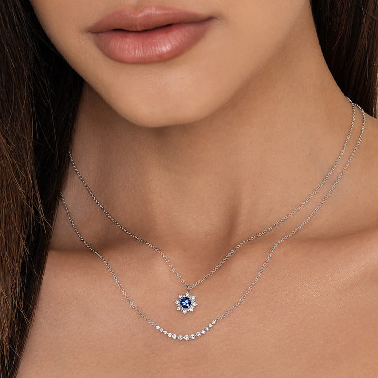 14K White Gold Diamond and Blue Sapphire Pendant Necklace - 0.18 ct - Shot 4