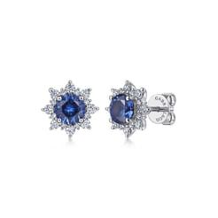 14K White Gold Diamond and Blue Sapphire Starburst Stud Earrings