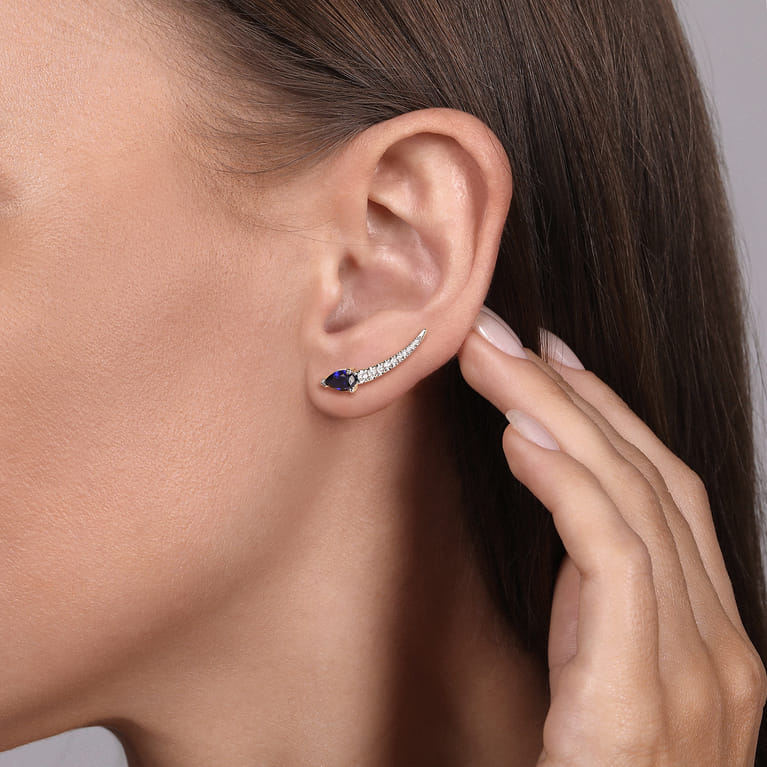 14K White Gold Diamond and Blue Sapphire Stud Earrings - 0.22 ct - Shot 2