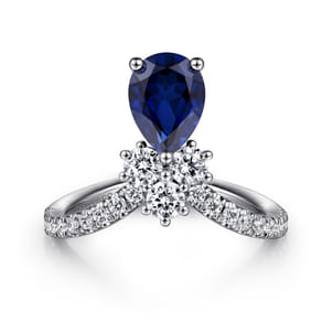 14K White Gold Diamond and Blue Sapphire Teardrop Chevron Ring