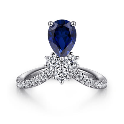 14K White Gold Diamond and Blue Sapphire Teardrop Chevron Ring