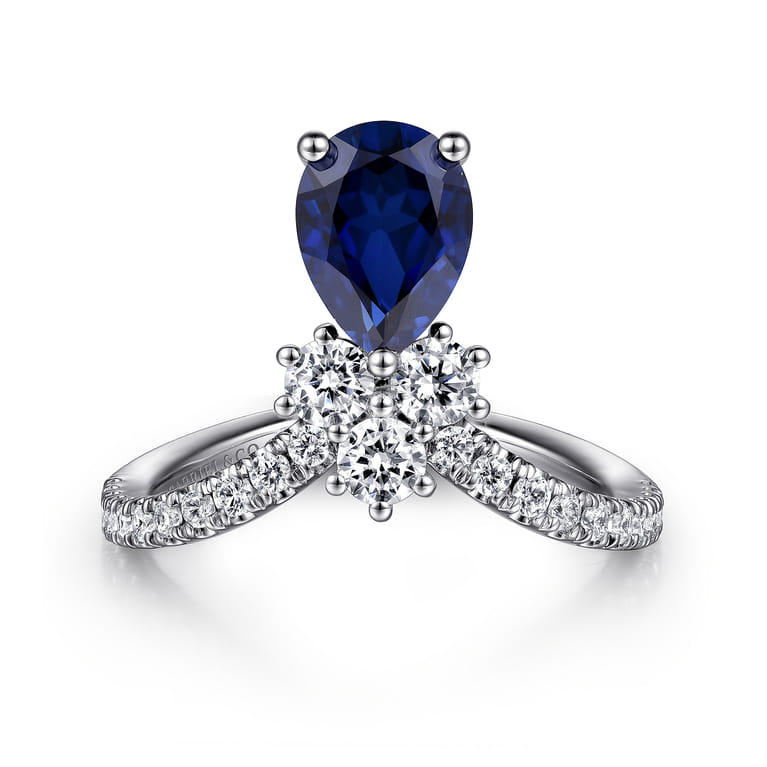 14K White Gold Diamond and Blue Sapphire Teardrop Chevron Ring - 0.6 ct - Shot 1
