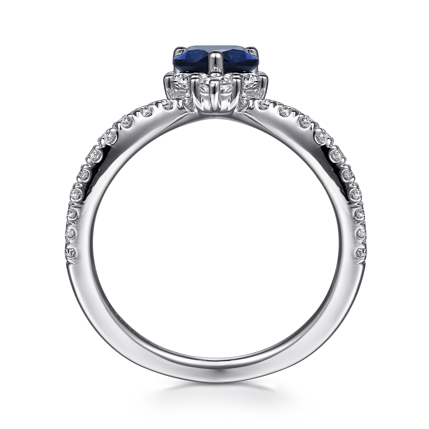 14K White Gold Diamond and Blue Sapphire Teardrop Chevron Ring