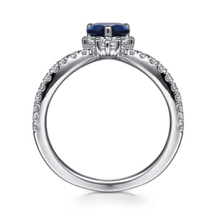 14K White Gold Diamond and Blue Sapphire Teardrop Chevron Ring