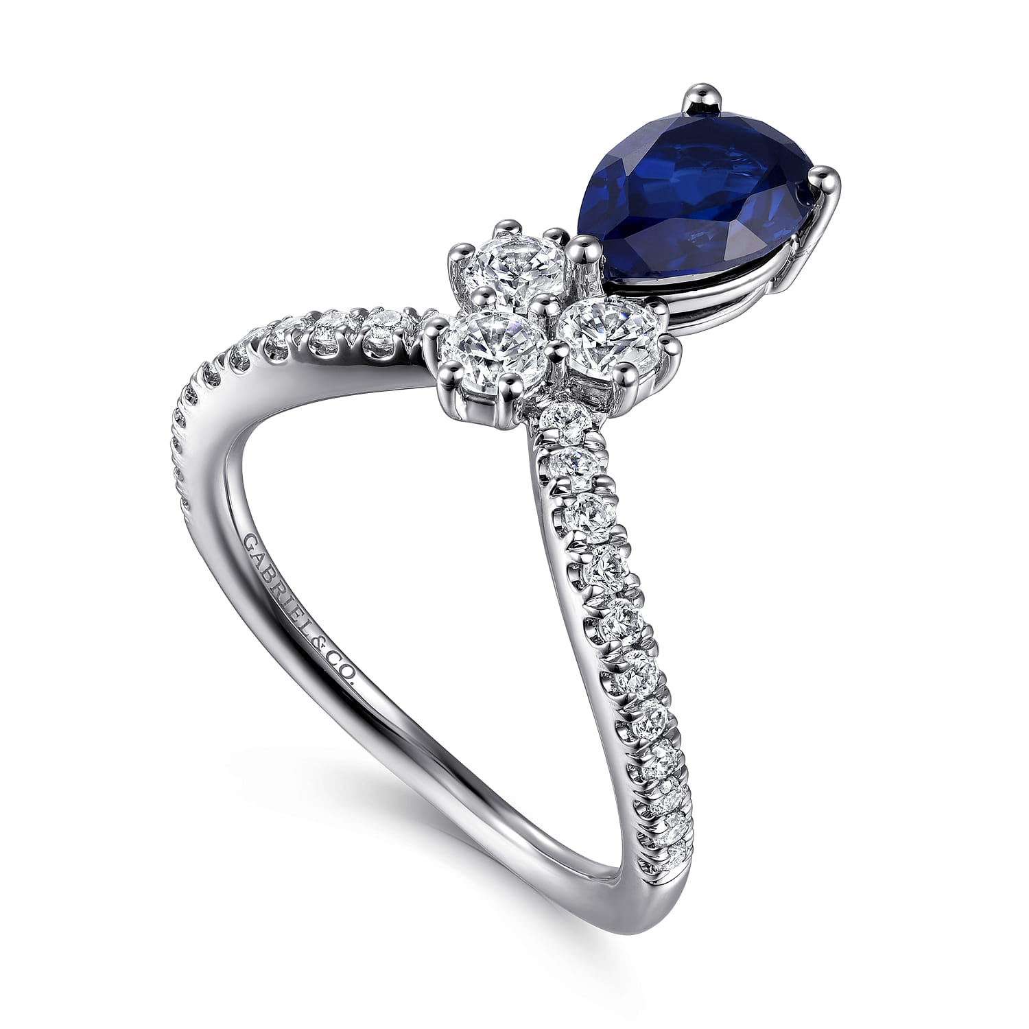 14K White Gold Diamond and Blue Sapphire Teardrop Chevron Ring