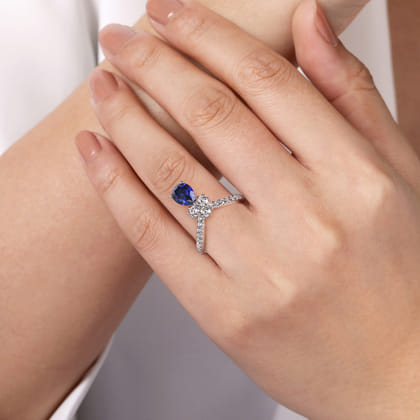 14K White Gold Diamond and Blue Sapphire Teardrop Chevron Ring