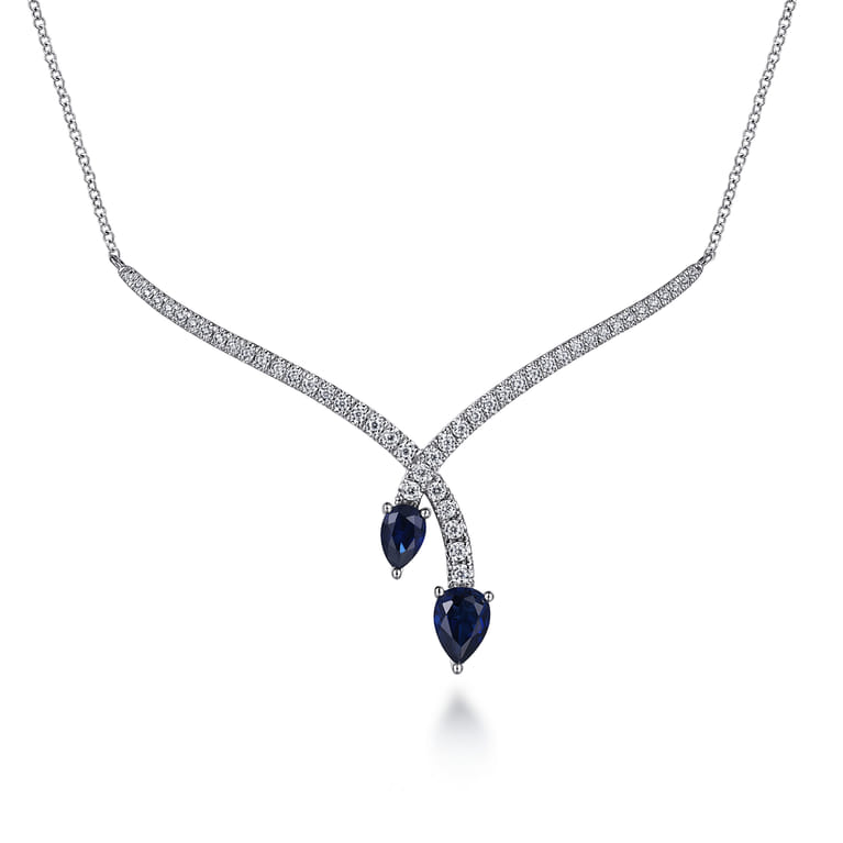 14K White Gold Diamond and Blue Sapphire Teardrop Twist Necklace - 0.6 ct - Shot 1