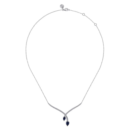 14K White Gold Diamond and Blue Sapphire Teardrop Twist Necklace