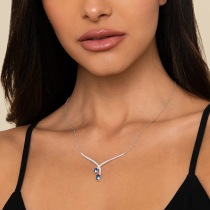 14K White Gold Diamond and Blue Sapphire Teardrop Twist Necklace