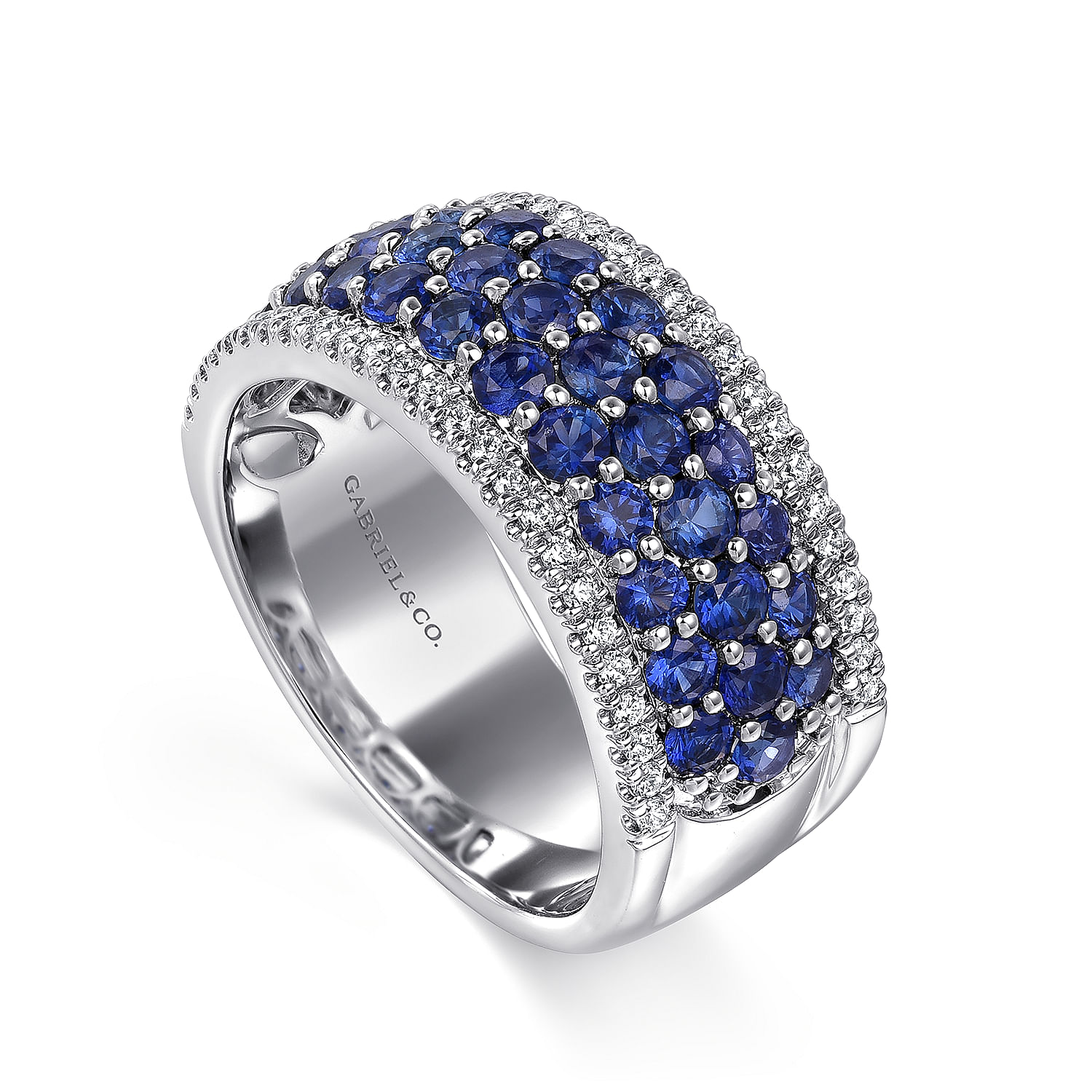 14K White Gold Diamond and Blue Sapphire Wide Band Ring - 0.25 ct - Shot 3