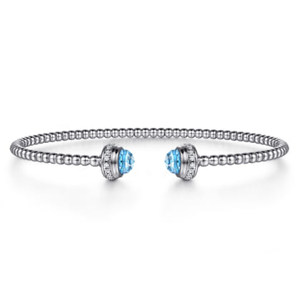 14K White Gold Diamond and Blue Topaz Bujukan Open Bangle