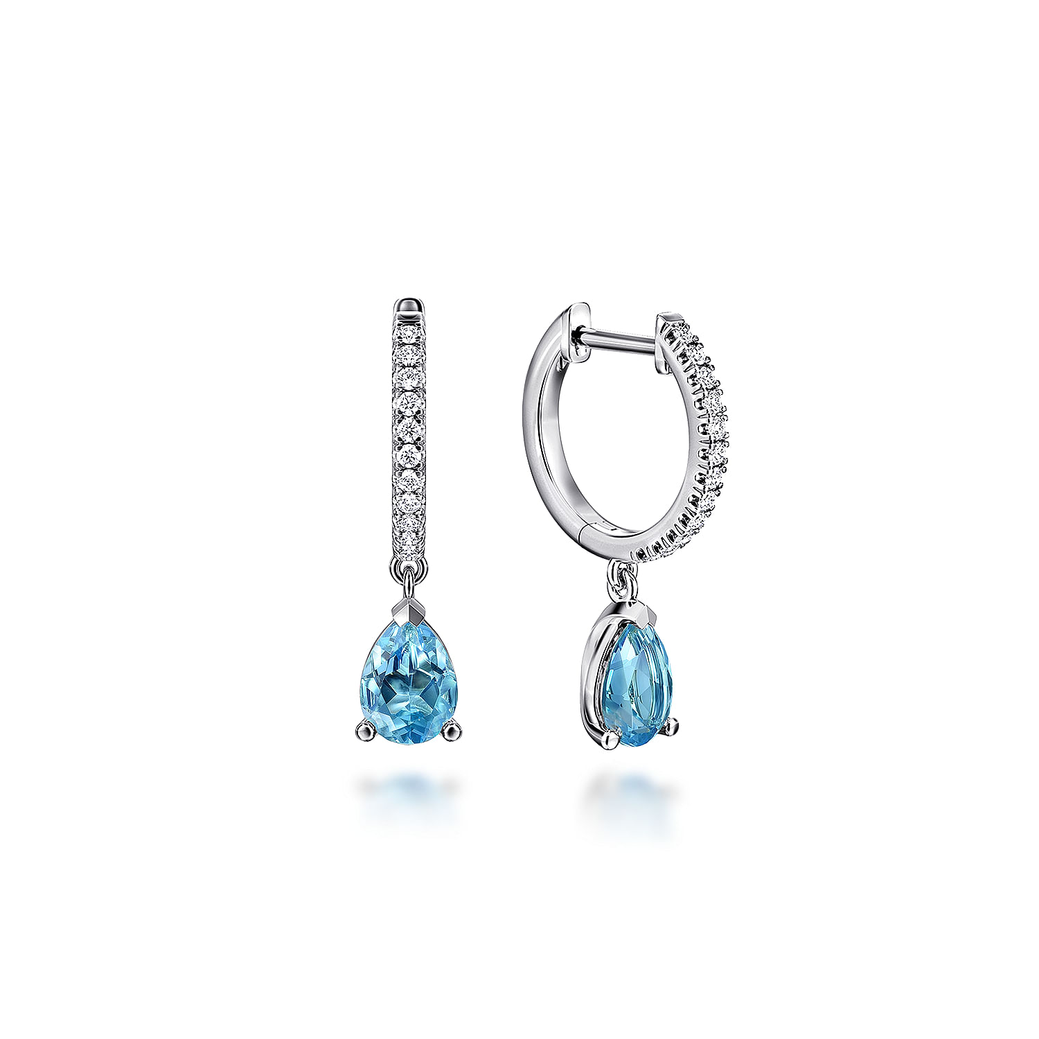 14K White Gold Diamond and Blue Topaz Huggie Drop Earrings