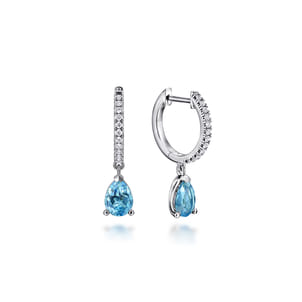 14K White Gold Diamond and Blue Topaz Huggie Drop Earrings