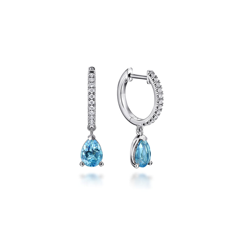 14K White Gold Diamond and Blue Topaz Huggie Drop Earrings - 0.14 ct - Shot 1