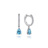14K White Gold Diamond and Blue Topaz Huggie Drop Earrings - 0.14 ct