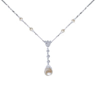 14K White Gold Diamond and Cultured Pearl Y Knot Necklace