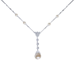 14K White Gold Diamond and Cultured Pearl Y Knot Necklace