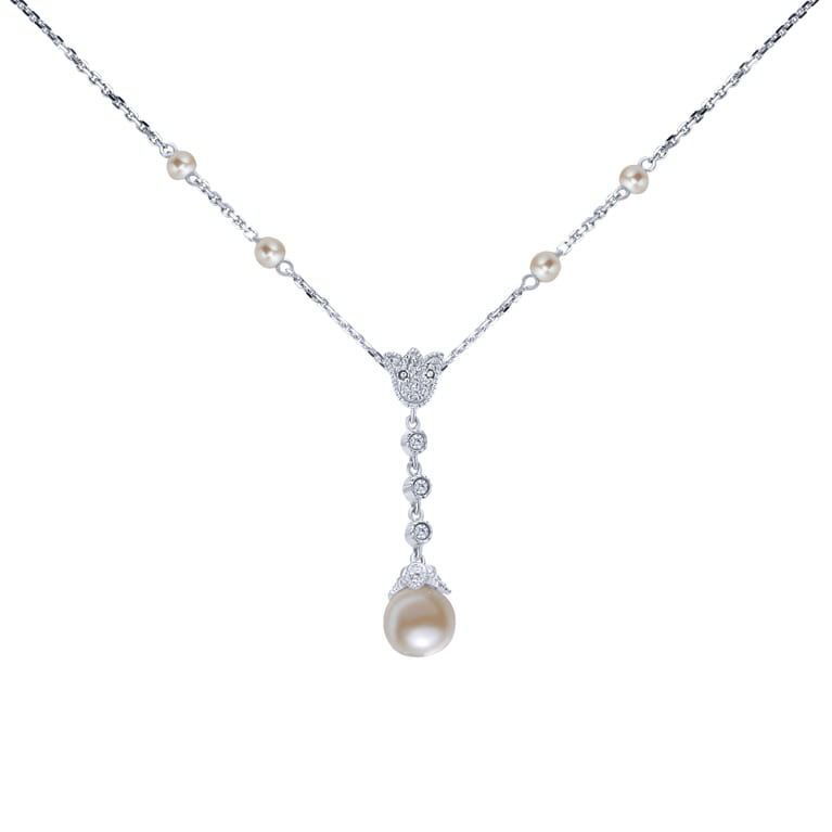 14K White Gold Diamond and Cultured Pearl Y Knot Necklace - 0.09 ct - Shot 1