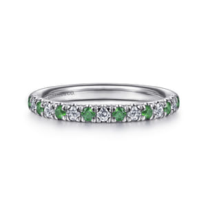 14K White Gold Diamond and Emerald Anniversary Band