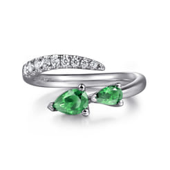 14K White Gold Diamond and Emerald Bypass Ring