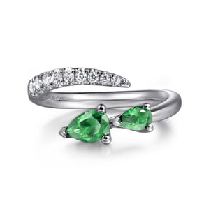 14K White Gold Diamond and Emerald Bypass Ring