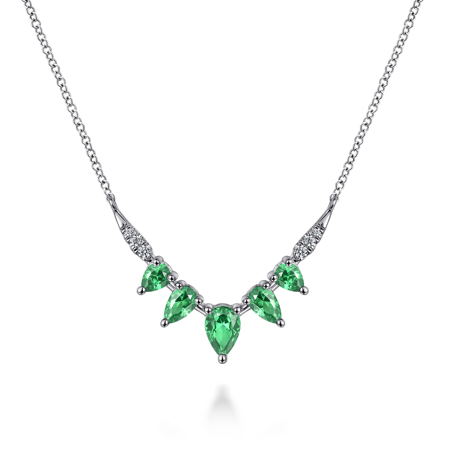 14K White Gold Diamond and Emerald Chevron Bar Necklace