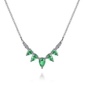 14K White Gold Diamond and Emerald Chevron Bar Necklace