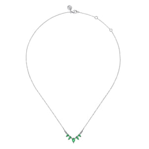 14K White Gold Diamond and Emerald Chevron Bar Necklace