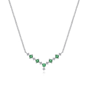 14K White Gold Diamond and Emerald Curved Bar Necklace