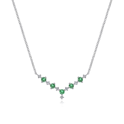 14K White Gold Diamond and Emerald Curved Bar Necklace