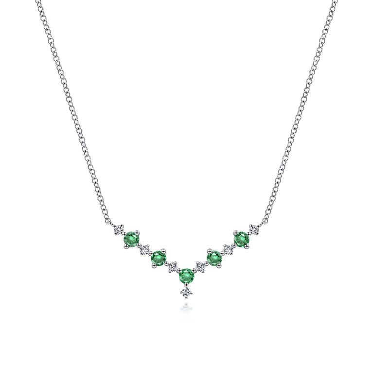 14K White Gold Diamond and Emerald Curved Bar Necklace - 0.1 ct - Shot 1