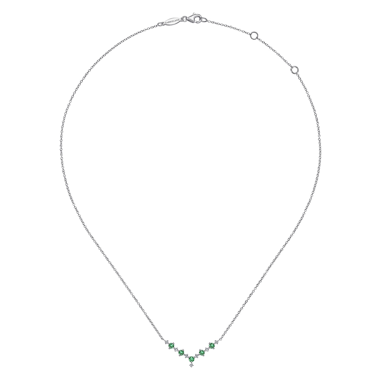 14K White Gold Diamond and Emerald Curved Bar Necklace