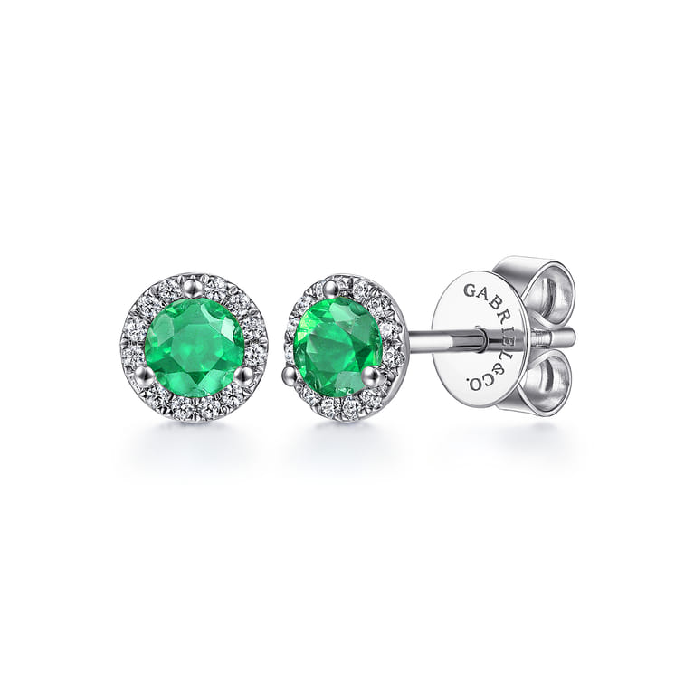 14K White Gold Diamond and Emerald Halo Stud Earrings - 0.09 ct - Shot 1