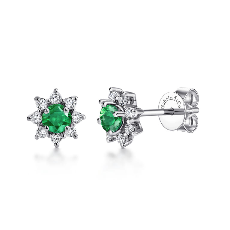 14K White Gold Diamond and Emerald Stud Earrings - 0.3 ct - Shot 1