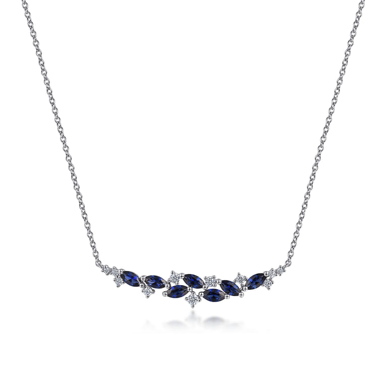 14K White Gold Diamond and Marquise Blue Sapphire Bar Necklace - 0.24 ct - Shot 1