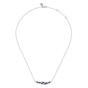 14K White Gold Diamond and Marquise Blue Sapphire Bar Necklace