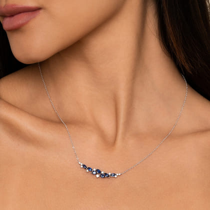 14K White Gold Diamond and Marquise Blue Sapphire Bar Necklace