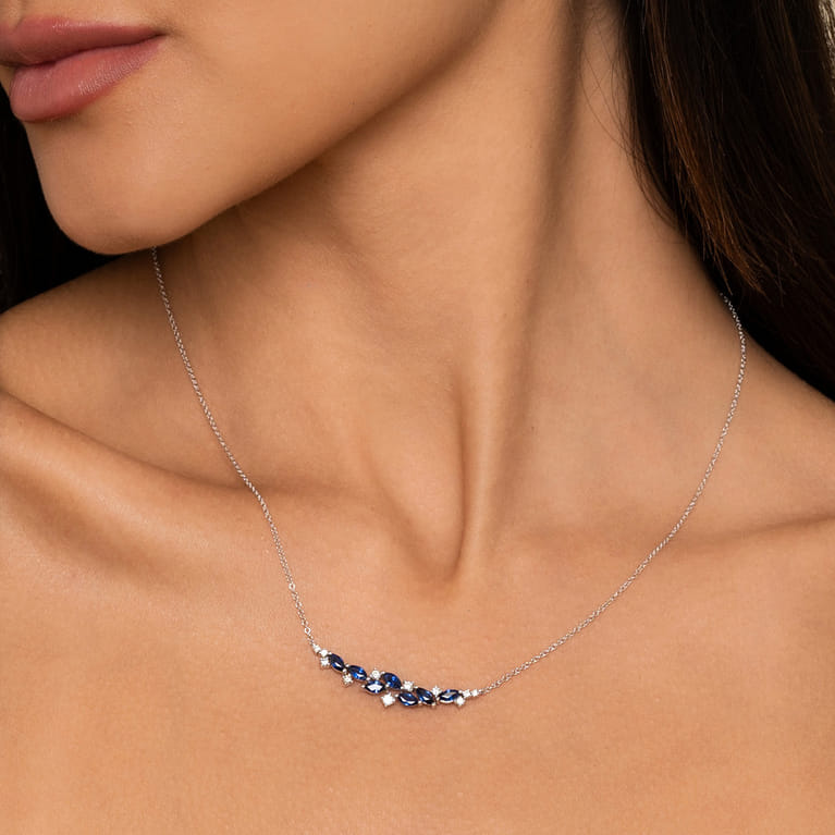 14K White Gold Diamond and Marquise Blue Sapphire Bar Necklace - 0.24 ct - Shot 3