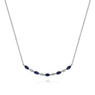 14K White Gold Diamond and Marquise Blue Sapphire Bar Necklace