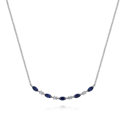 14K White Gold Diamond and Marquise Blue Sapphire Bar Necklace